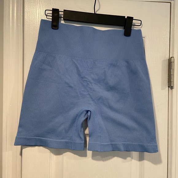 NWOT Light Blue Ribbed High Waist Spandex Bike Shorts Size 2XL Scrunch Butt Yoga - Picture 1 of 7